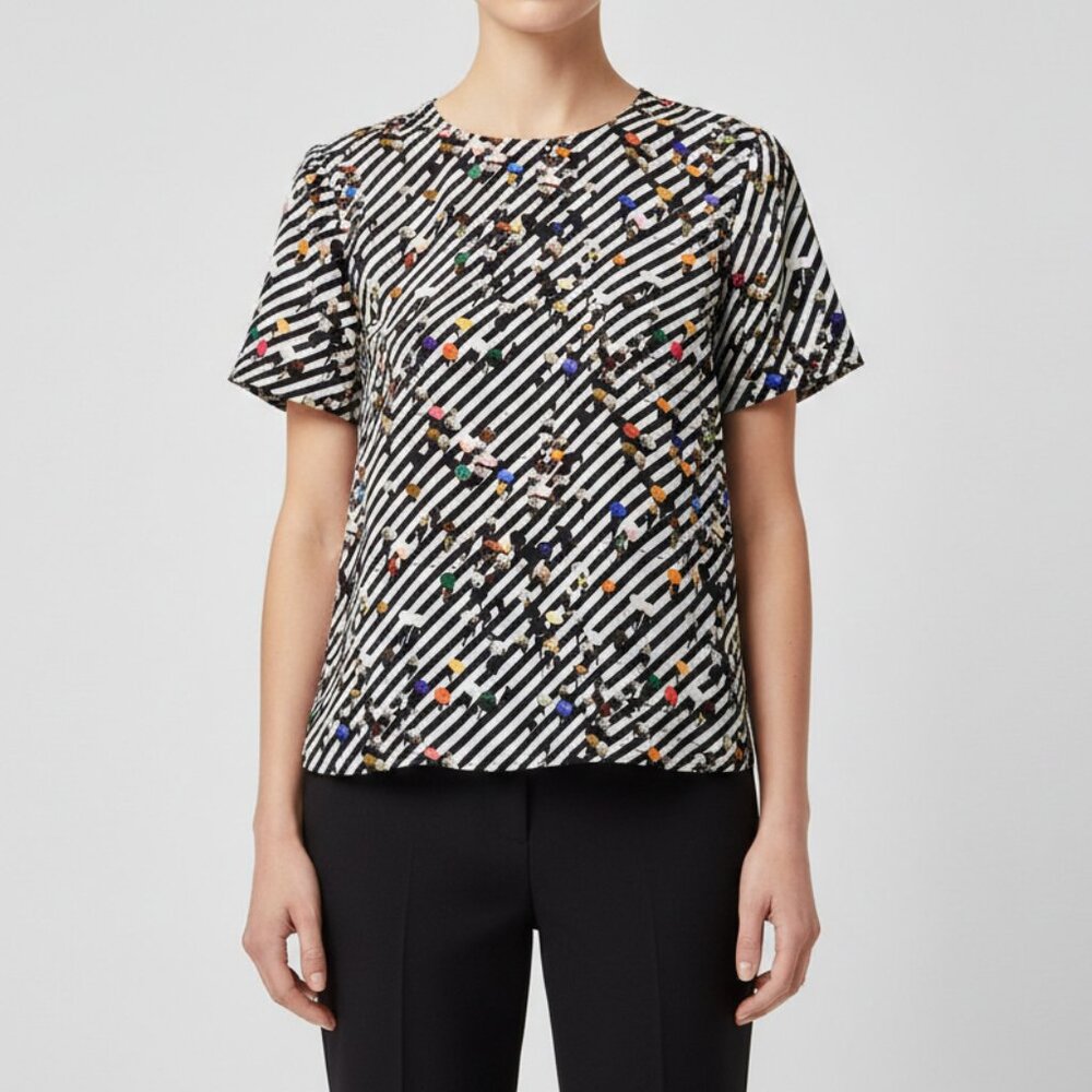 Akris Punto Blouse Silk Umbrella Print Stripe Black Multi Size US 2 NEW NWT